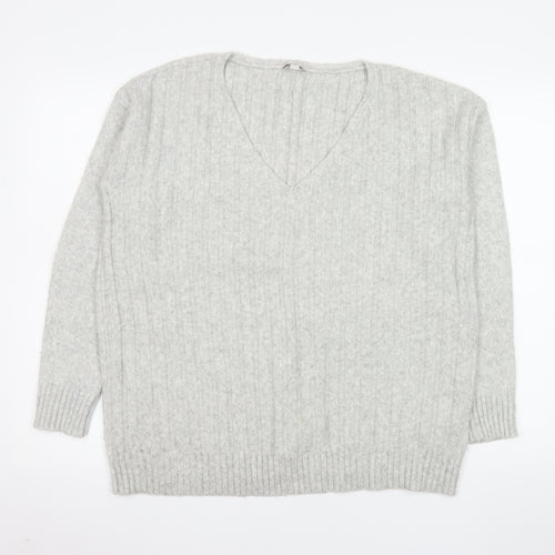 Gap Women's Grey M V-Neck Ribbed Wool Blend Pullover Jumper