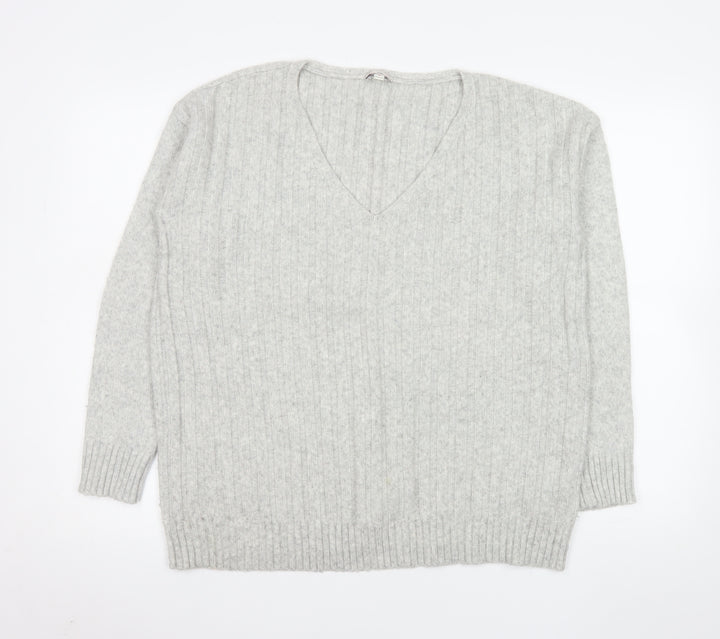 Gap Women's Grey M V-Neck Ribbed Wool Blend Pullover Jumper