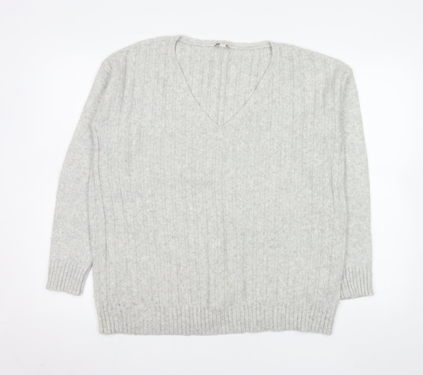 Gap Women's Grey M V-Neck Ribbed Wool Blend Pullover Jumper