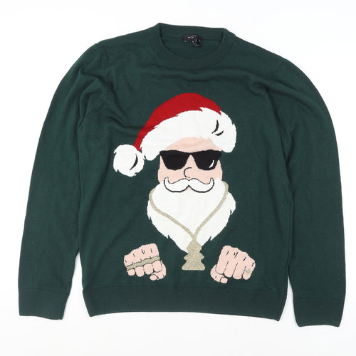New Look Men Green Christmas Santa Crew Neck Pullover Jumper L