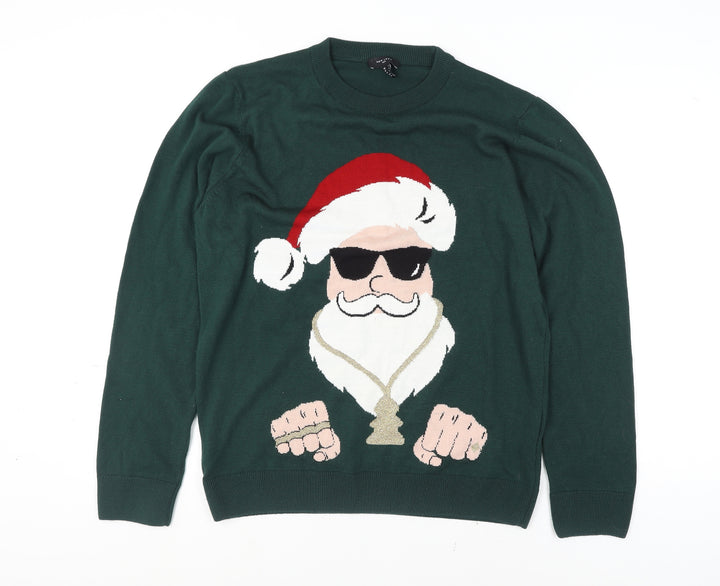 New Look Men Green Christmas Santa Crew Neck Pullover Jumper L