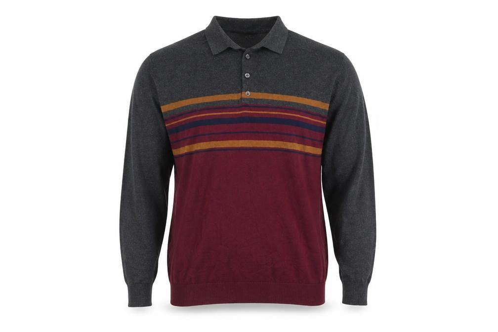 Front view of Easy men’s multicoloured striped long sleeve polo shirt l