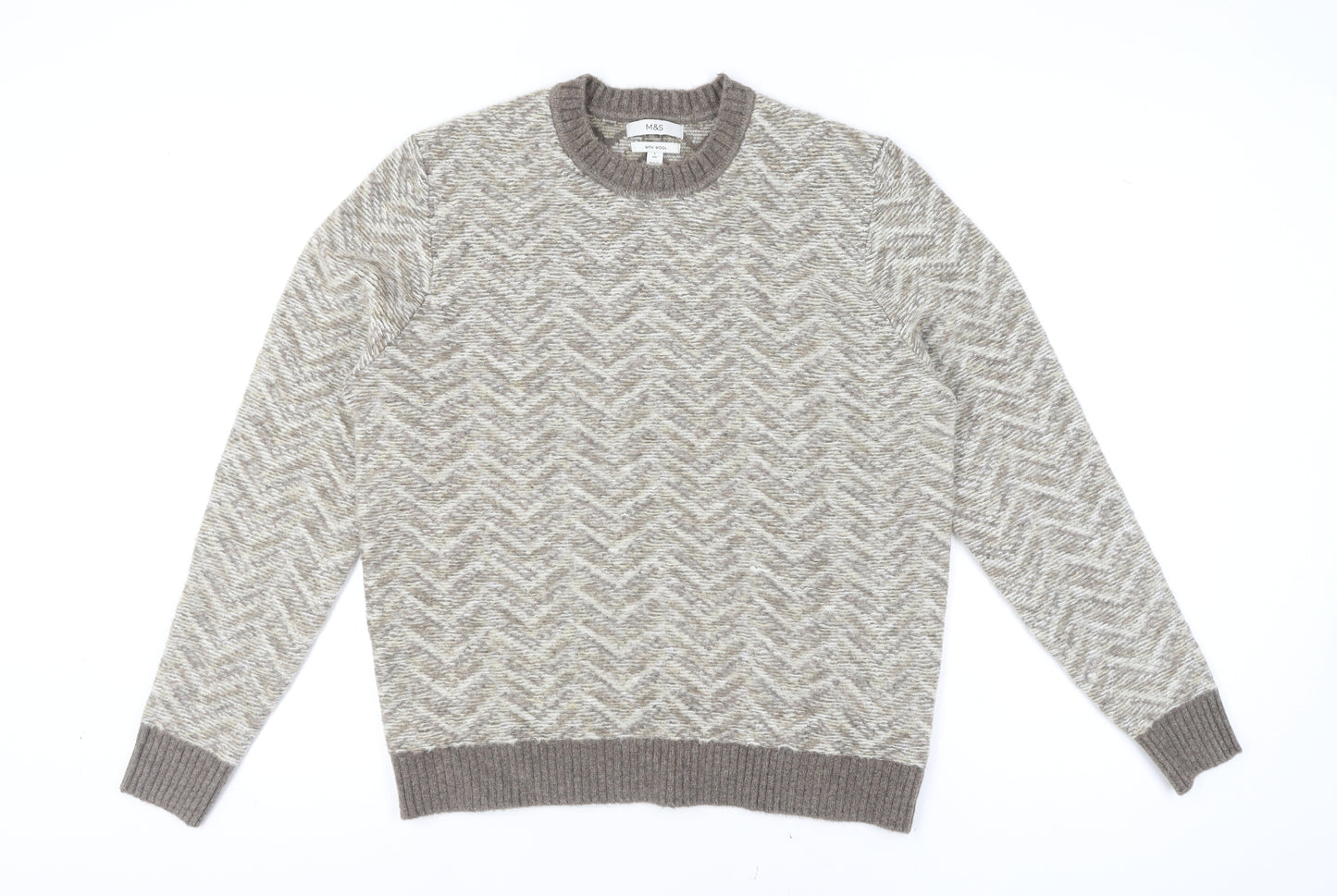 Marks and Spencer Mens Beige Wool Blend Crew Neck Jumper Size L