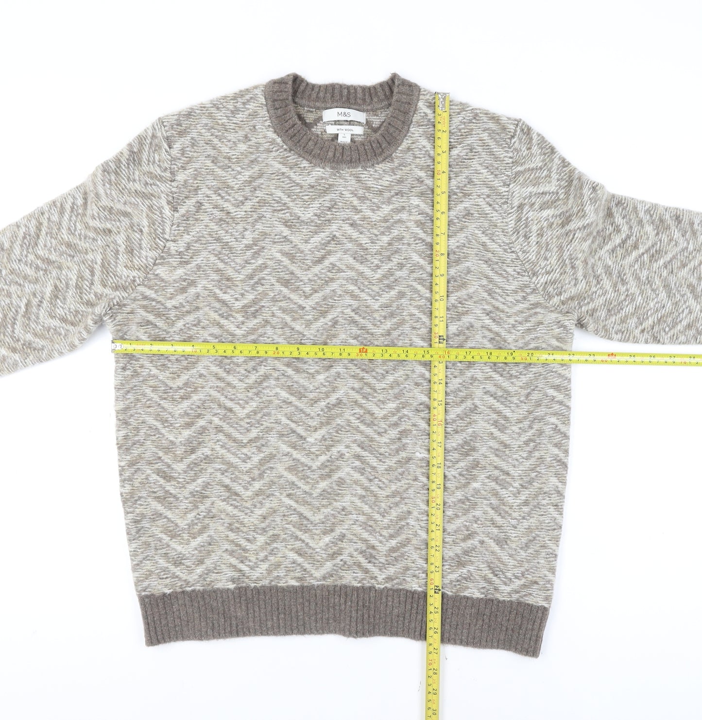 Marks and Spencer Mens Beige Wool Blend Crew Neck Jumper Size L