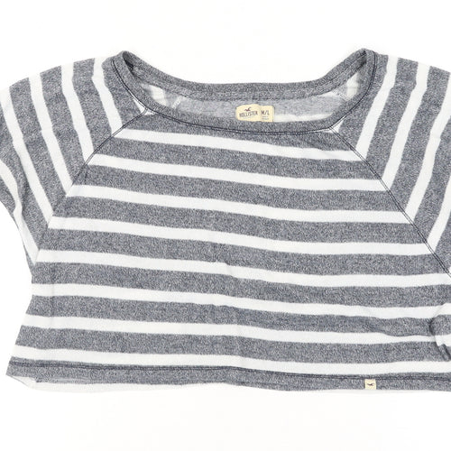 Hollister Women’s Grey Striped Cropped T-Shirt M Relaxed Fit