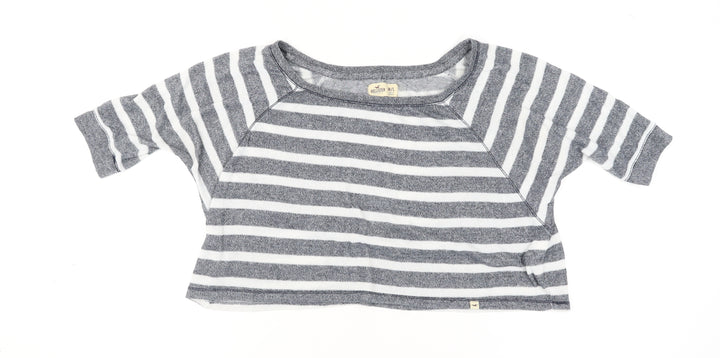 Hollister Women’s Grey Striped Cropped T-Shirt M Relaxed Fit