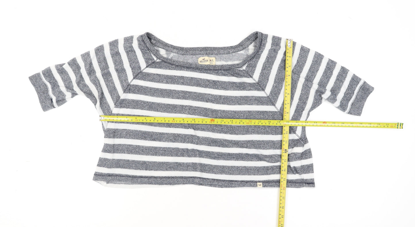 Hollister Women’s Grey Striped Cropped T-Shirt M Relaxed Fit