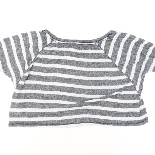 Hollister Women’s Grey Striped Cropped T-Shirt M Relaxed Fit