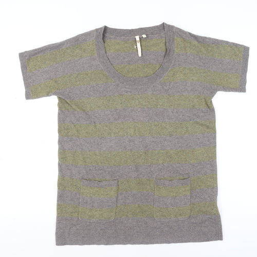 White Stuff Women's Grey Striped Knit T-Shirt Size 10