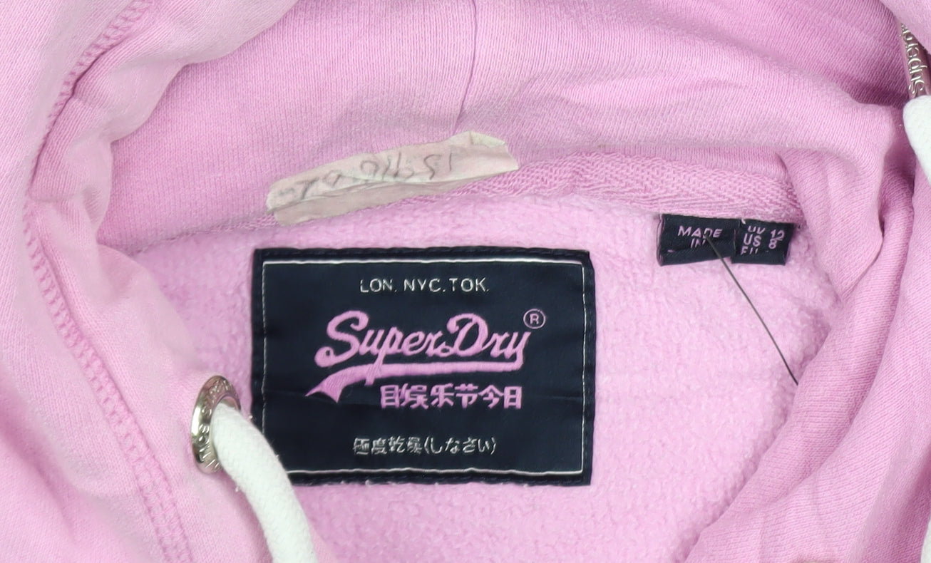 Superdry Womens Pink Pullover Hoodie Size 12 Cotton Blend Lined Casual
