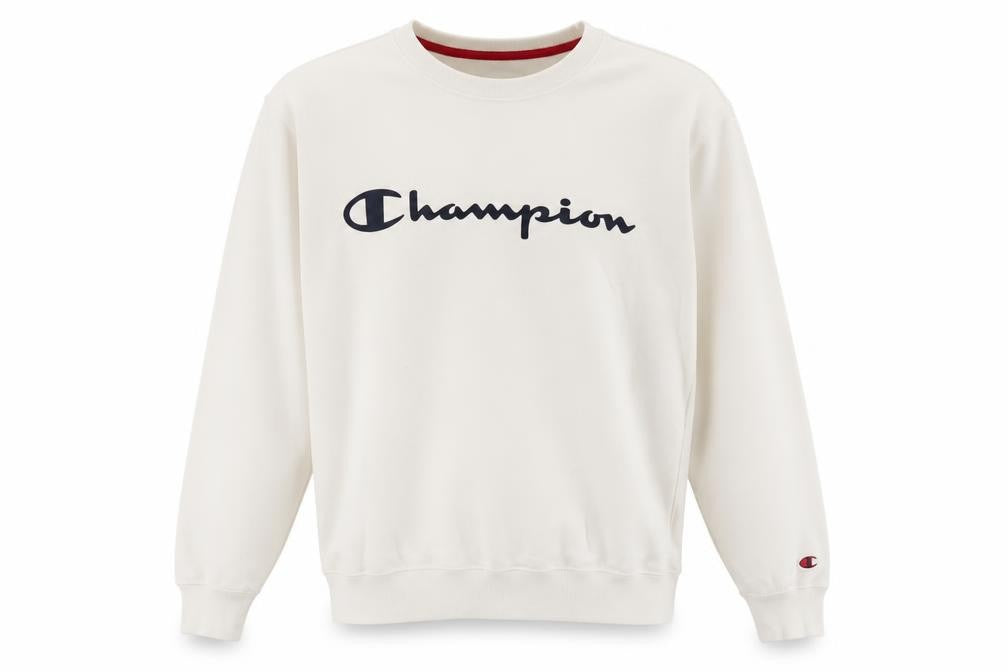 Front view of Champion Men’s Ivory Small Pullover Sweatshirt Logo Fleece