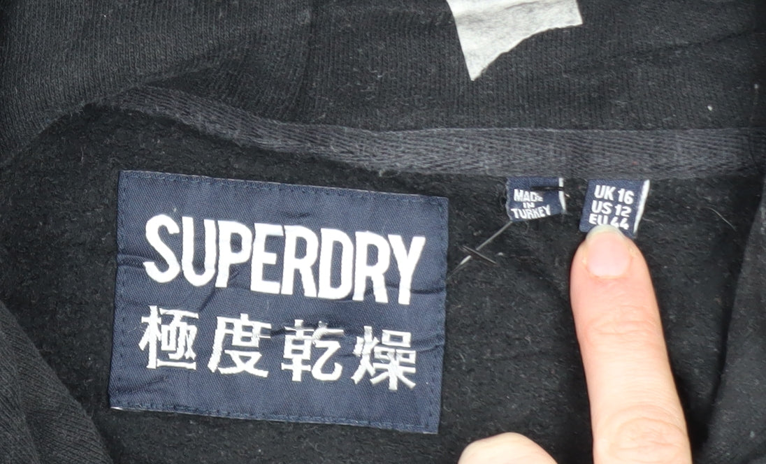 Superdry Womens Black Hoodie Size 16 Embroidered Pullover