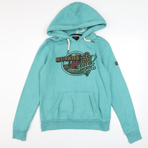 Superdry Womens Blue Pullover Hoodie Size 10 Graphic Print Cotton Blend