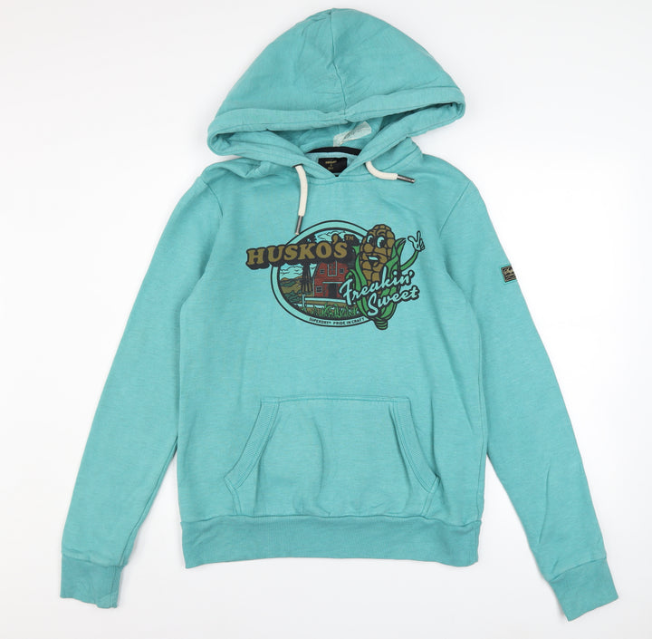 Superdry Womens Blue Pullover Hoodie Size 10 Graphic Print Cotton Blend