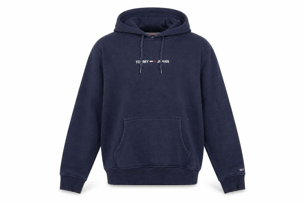 Front view of Tommy Jeans Men's Blue Pullover Hoodie Medium Logo Cotton Blend