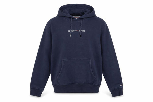 Front view of Tommy Jeans Men's Blue Pullover Hoodie Medium Logo Cotton Blend