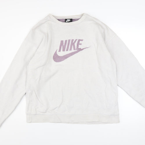 Nike Women’s Beige Pullover Sweatshirt L Logo Print Cotton Blend