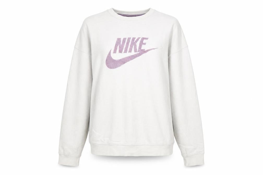 Front view of Nike Women’s Beige Pullover Sweatshirt L Logo Print Cotton Blend