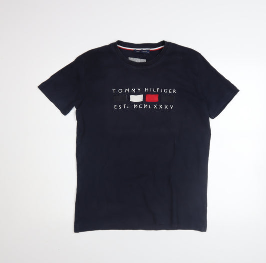 Tommy Hilfiger Men's Blue Cotton Crew Neck Logo T-Shirt M