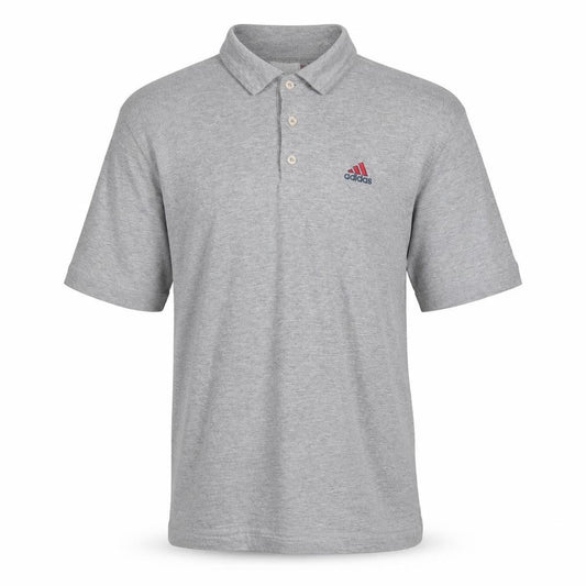 Front view of Adidas men’s grey polo shirt, size L, cotton blend golf sportswear