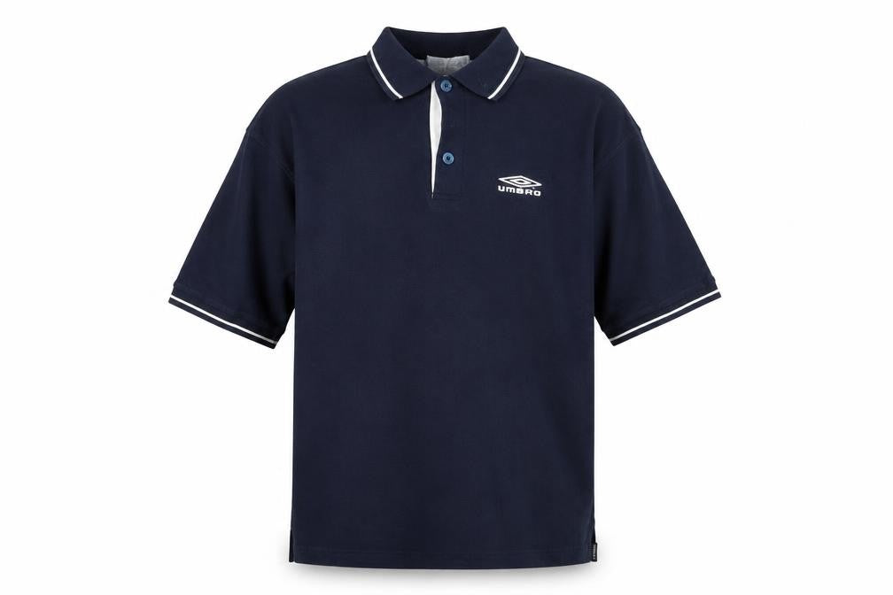 Front view of Umbro Men’s Blue L Regular Fit Short Sleeve Polo Shirt