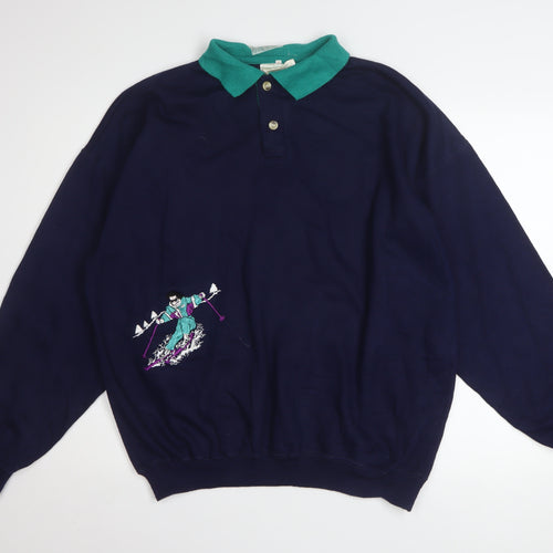 Sporting Women Navy Ski Embroidered Henley Sweatshirt XL