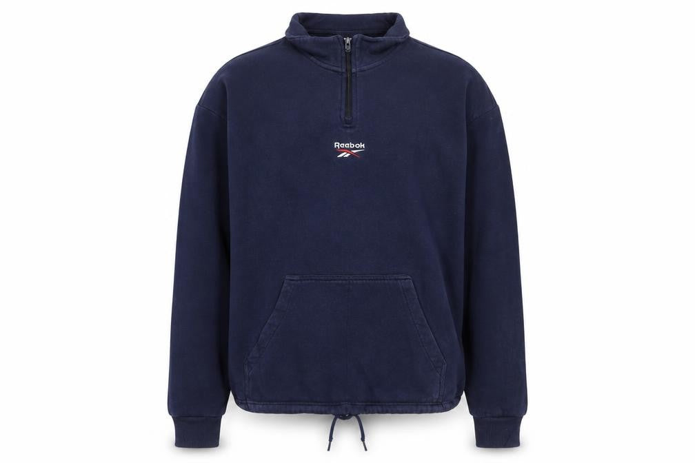 Front view of Reebok men’s blue 1/4 zip pullover sweatshirt, size M, sports style