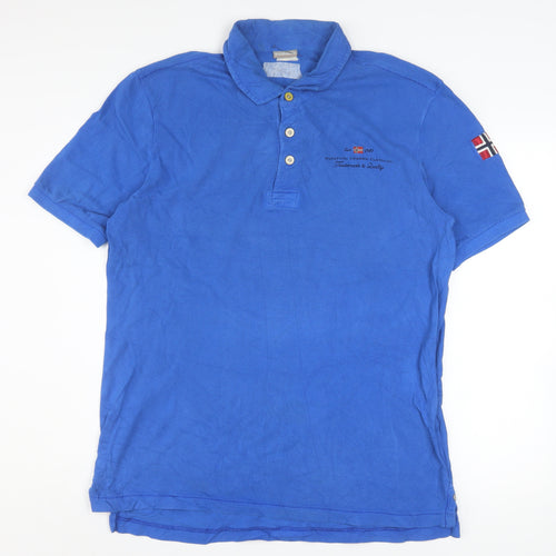Napapijri Men’s Blue Cotton Polo Shirt Size L Embroidered Flag Logo