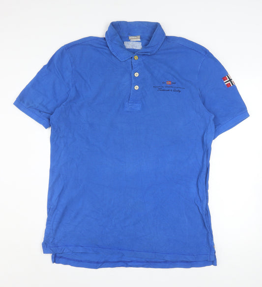 Napapijri Men’s Blue Cotton Polo Shirt Size L Embroidered Flag Logo