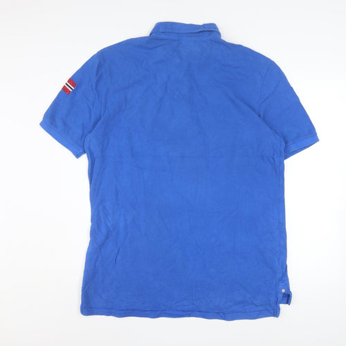 Napapijri Men’s Blue Cotton Polo Shirt Size L Embroidered Flag Logo
