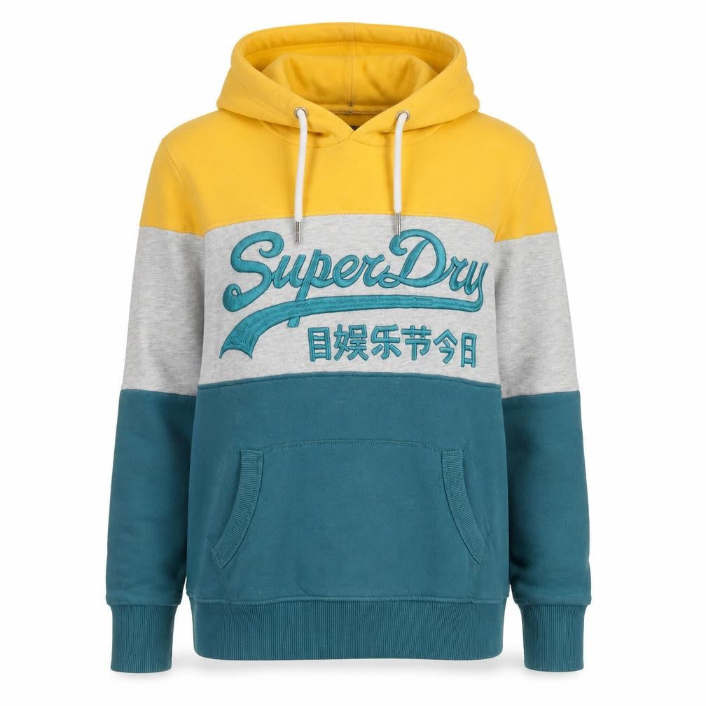 Front view of Superdry women’s yellow teal grey pullover hoodie, size UK 12