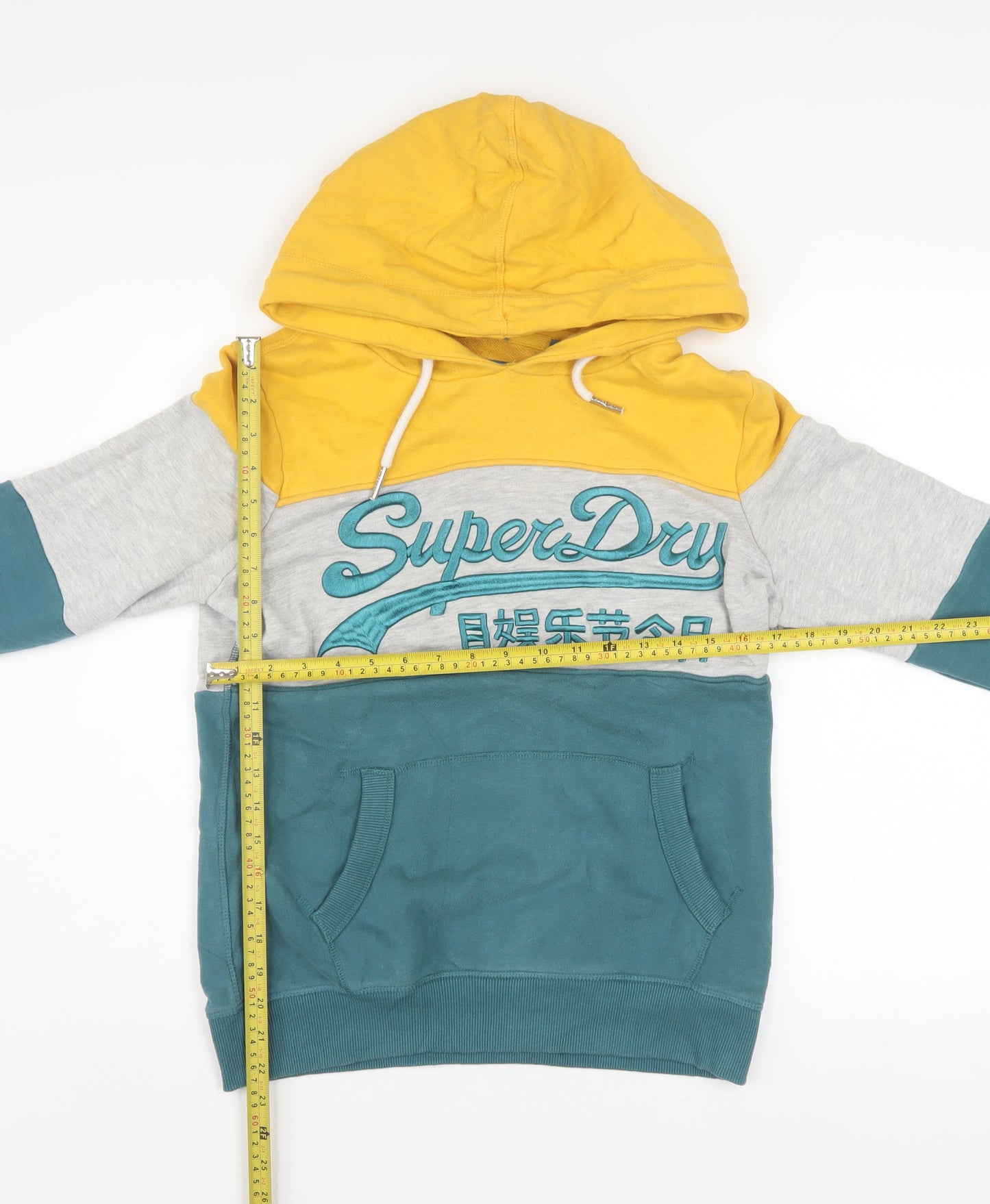 Superdry Womens Yellow Teal Grey Pullover Hoodie Size 12