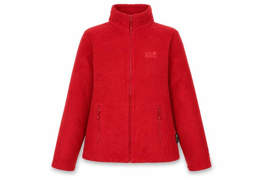 Front view of Jack Wolfskin women’s red fleece full zip outdoor jacket, size UK 10
