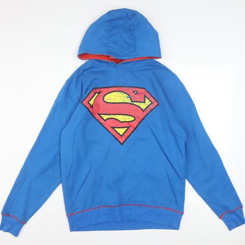 Superman Men’s Blue Pullover Hoodie Size S Graphic Logo Fleece