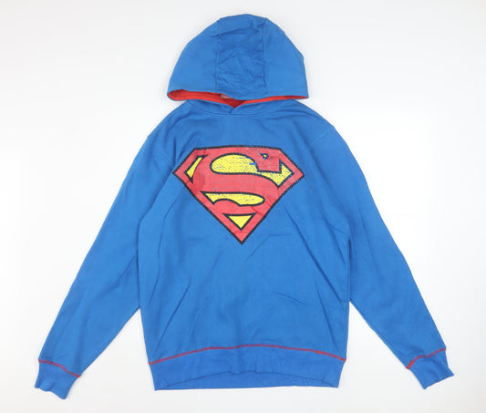 Superman Men’s Blue Pullover Hoodie Size S Graphic Logo Fleece