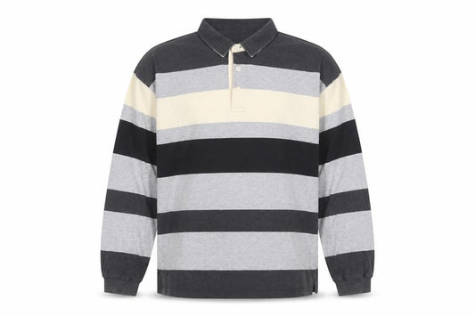 Front view of Marks & Spencer Men's Grey Striped Collared XL Rugby Sweatshirt
