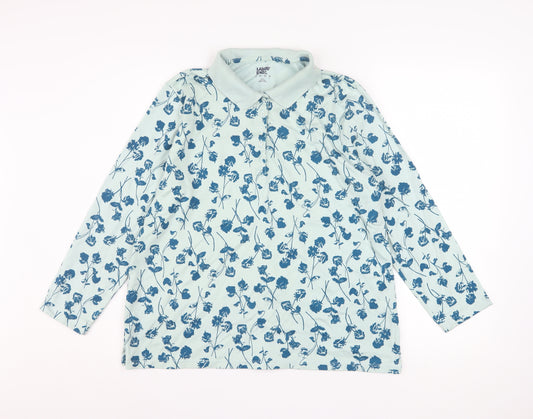 Lands' End Women's Blue Floral Long Sleeve Polo Shirt Size L Petite