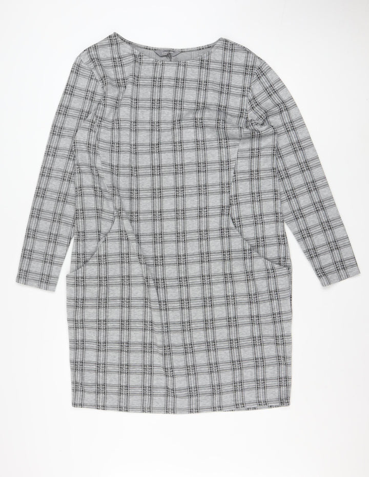 Principles Women Grey Check Shift Dress Size 18 Long Sleeve Knitwear
