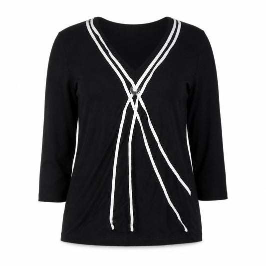 Front view of Principles Petite Women's Black V-Neck Wrap Blouse, size 12