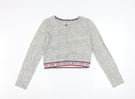 Tommy Hilfiger Women Grey Cropped Long Sleeve Cotton T-Shirt M