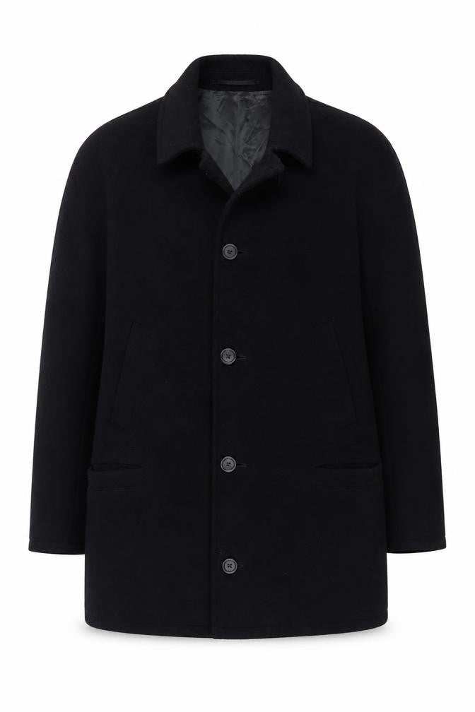 Front view of DiCaprio Men's Black Wool Blend 44R Mid-Length Overcoat