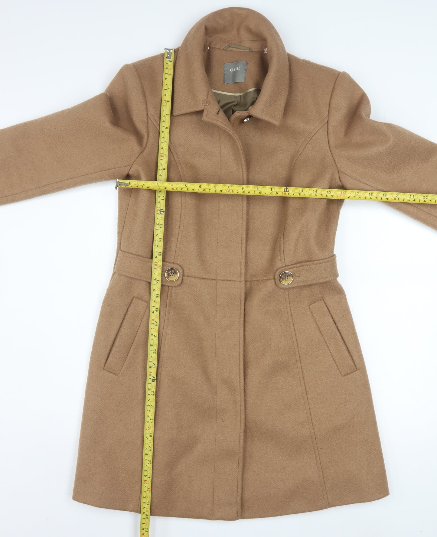 Oasis Women's Beige Mid-Length Coat Small Classic Lined Wool Blend