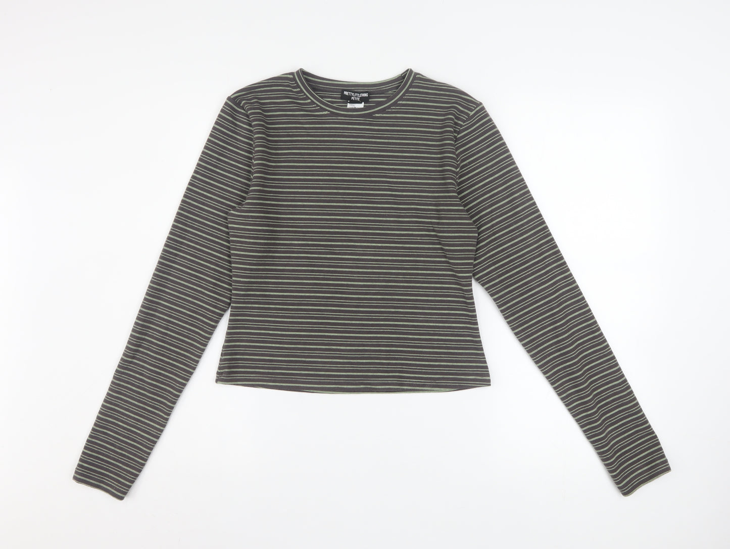 PrettyLittleThing Women's Grey Striped Petite Long Sleeve Cropped T-Shirt L