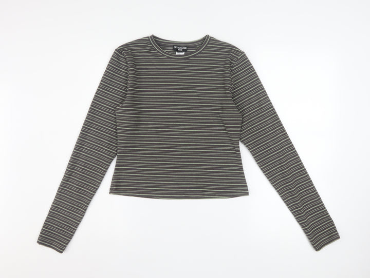 PrettyLittleThing Women's Grey Striped Petite Long Sleeve Cropped T-Shirt L