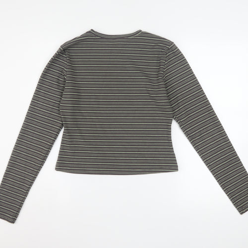 PrettyLittleThing Women's Grey Striped Petite Long Sleeve Cropped T-Shirt L