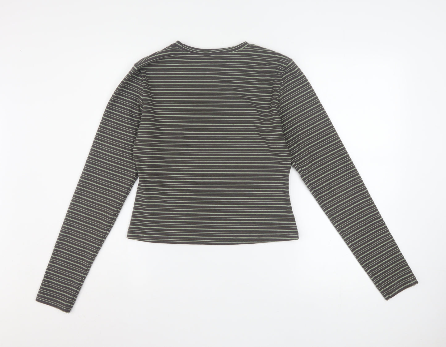 PrettyLittleThing Women's Grey Striped Petite Long Sleeve Cropped T-Shirt L