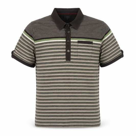 Front view of Jeff Banks men’s brown striped cotton polo shirt, size L