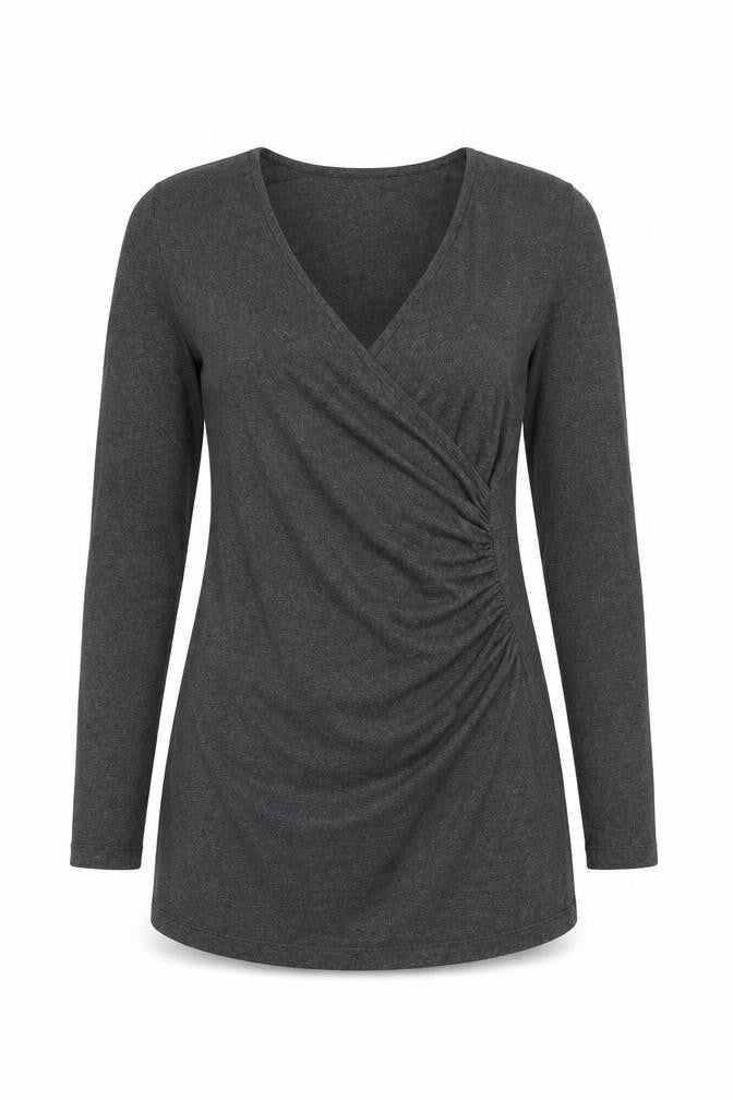 Front view of Isabella Oliver Women’s Grey Wrap Maternity Jersey Top, size S