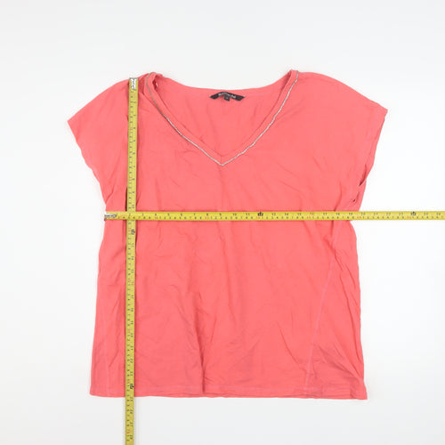 Bonmarché Women's Pink Linen Blend Beaded V-Neck T-Shirt Size 18