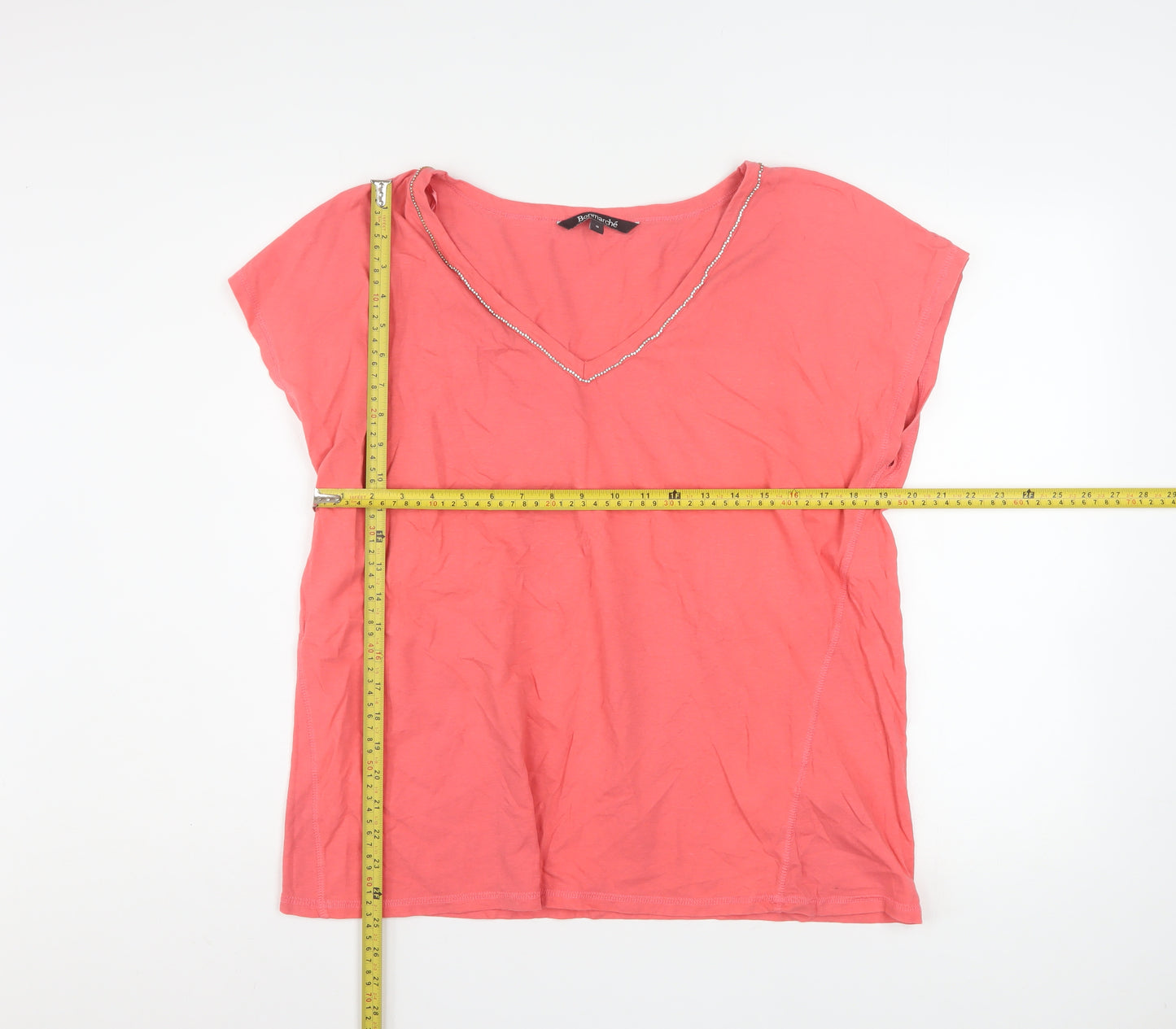 Bonmarché Women's Pink Linen Blend Beaded V-Neck T-Shirt Size 18